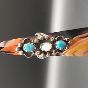 Vintage Navajo Sterling Silver Turquoise Mother Of Pearl 3-Stone Statement Ring